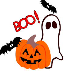 A ghost, two bats and a carved pumpkin with the word "boo" written on top