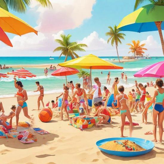 people at the beach with umbrellas and palm trees