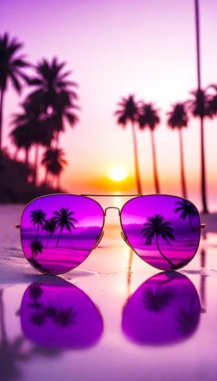 purple sunglasses with a sunset and palm trees in the background