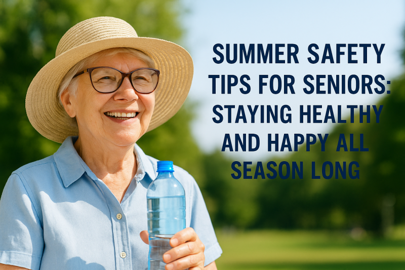 woman smiling holding water bottle and wearing a sun hat and sunglasses on a bright summer day